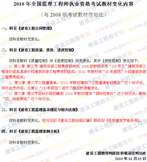 2010年全國監理工程師執業(yè)資格考試教材變化內容