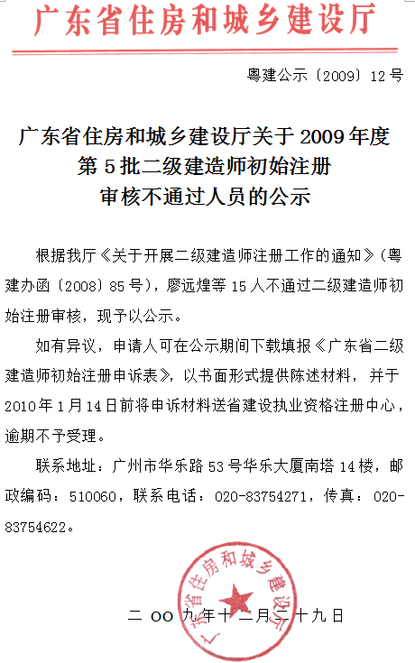 關(guān)于2009年度第5批二級建造師初始注冊審核不通過(guò)人員的公示