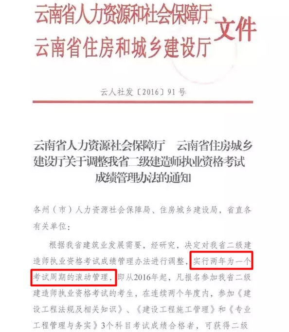 云南省二級建造師執業(yè)資格考試成績(jì)管理辦法的通知